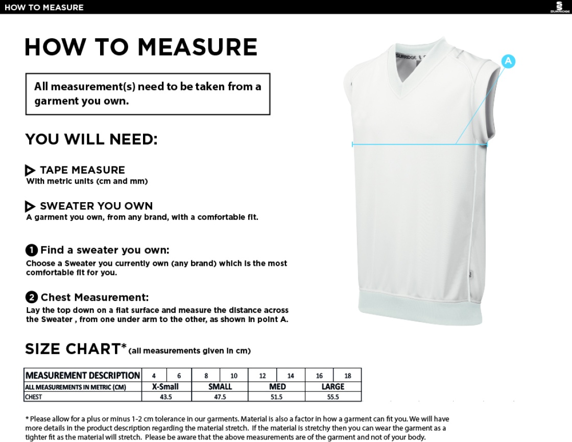 Barnton CC Blast Sleeveless Women's Cricket Sweater - Size Guide