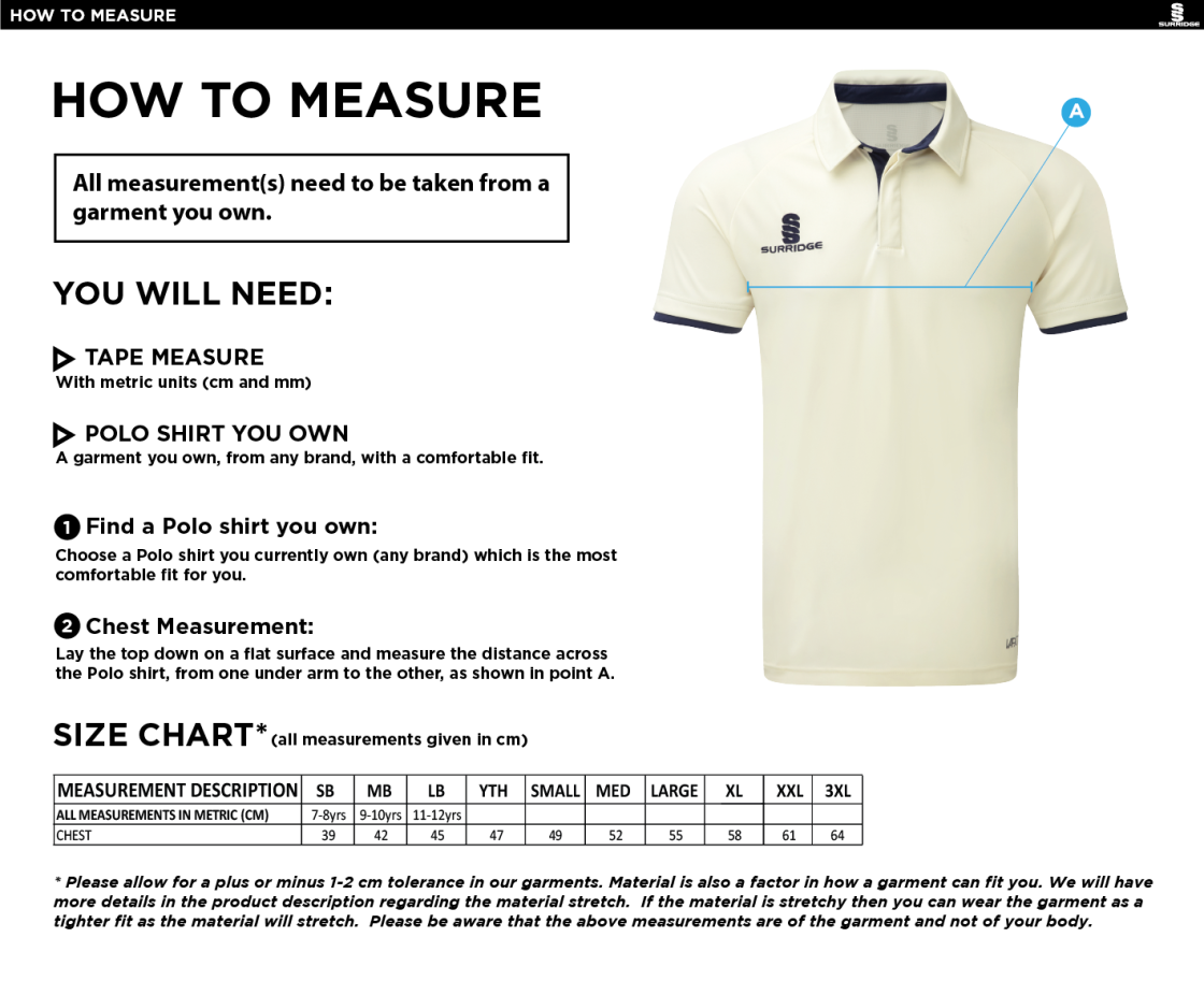 Barnton CC Ergo Short Sleeved Shirt - Size Guide