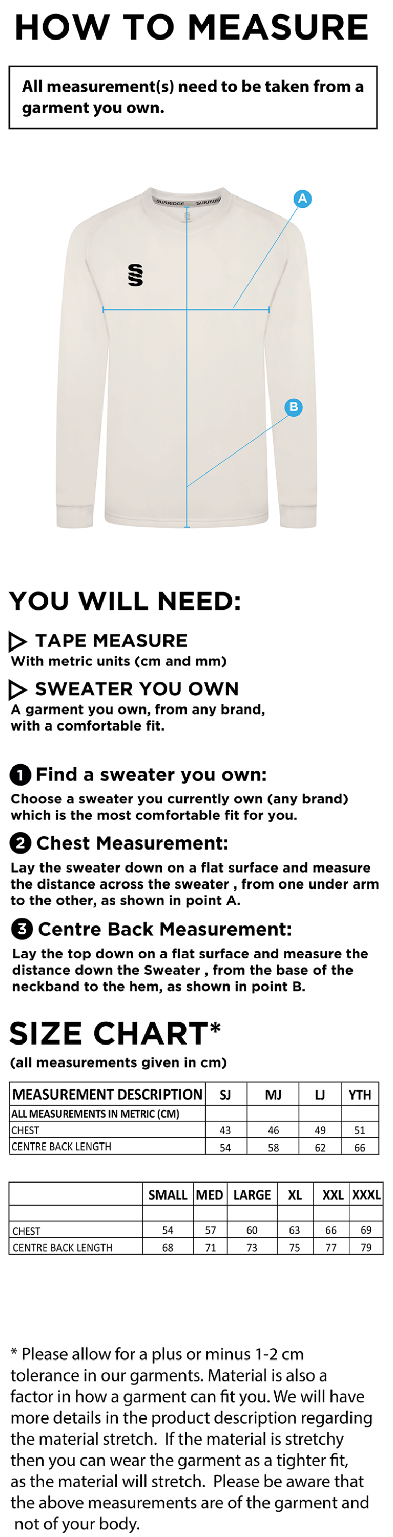 Barnton CC Blast Long Sleeve Cricket Sweater - Size Guide