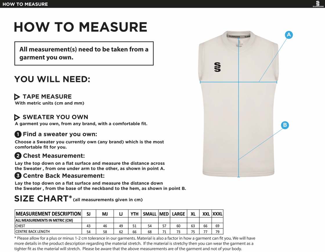 Barnton CC Blast Sleeveless Cricket Sweater - Size Guide
