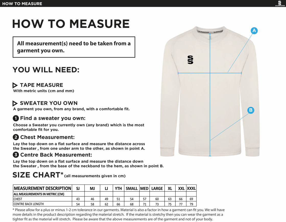Barnton CC Blast Long Sleeve Cricket Sweater - Size Guide