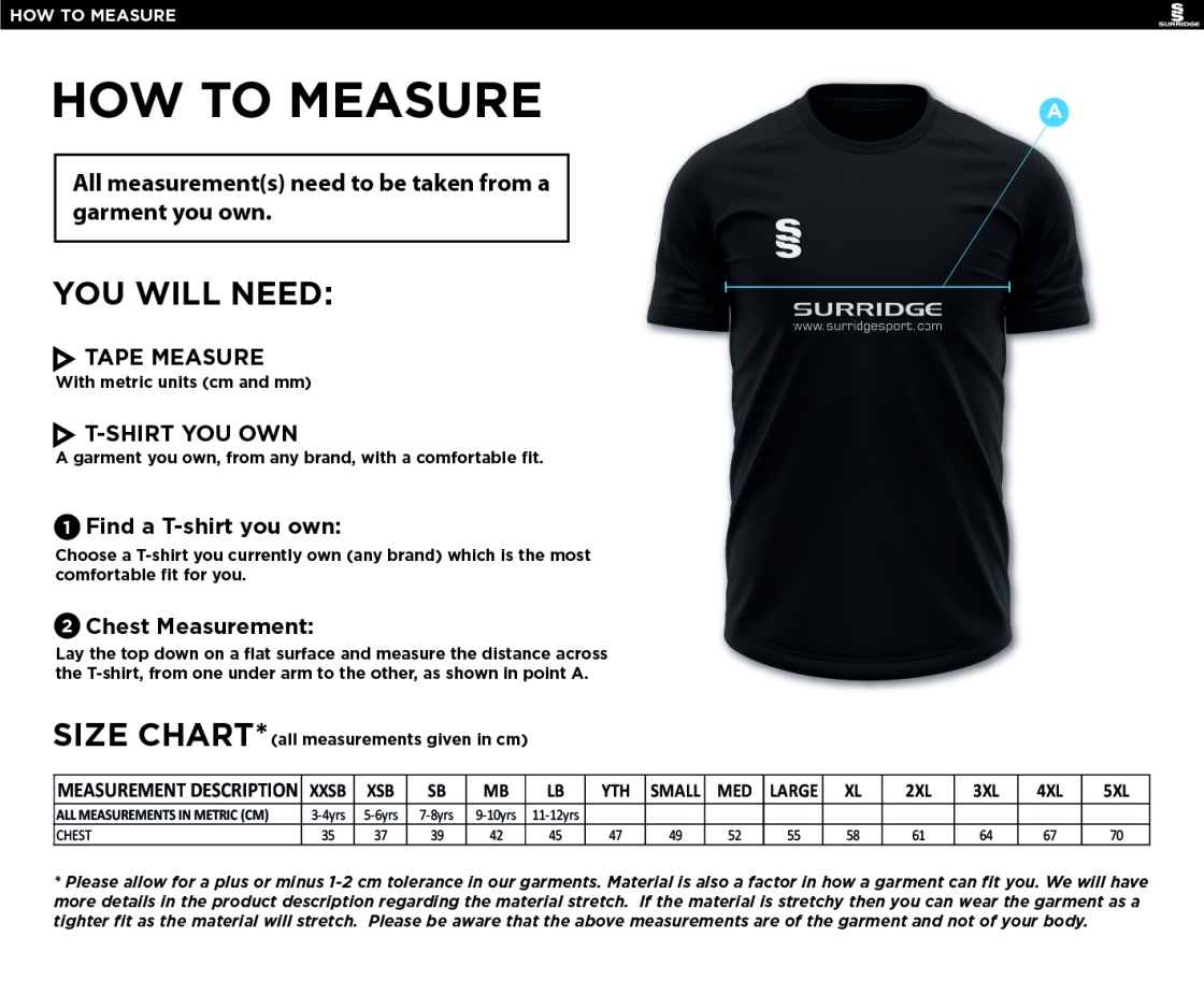 Barnton CC Blade Training Shirt - Size Guide