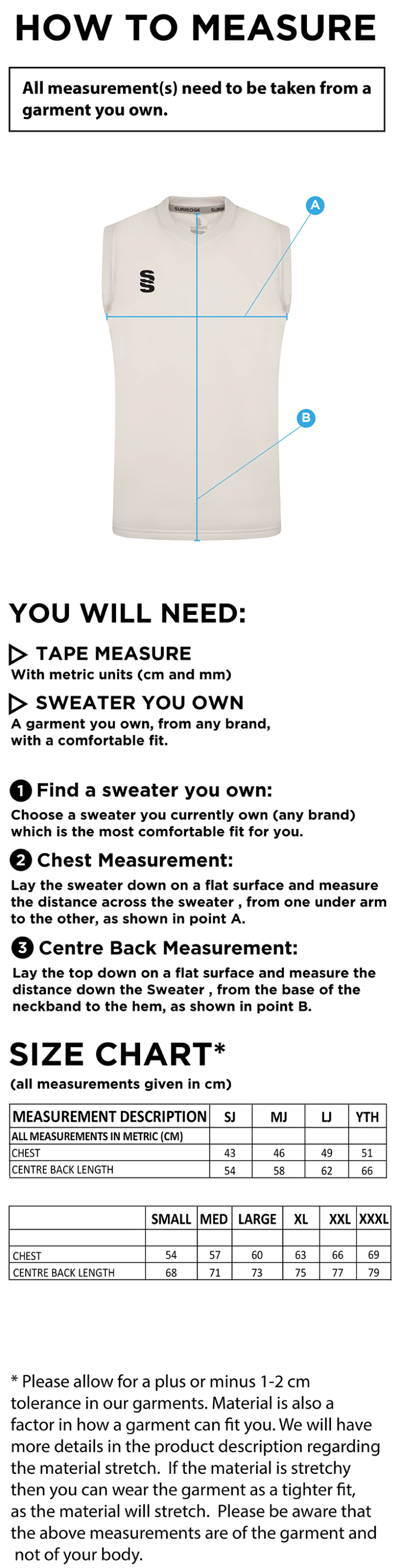 Barnton CC Blast Sleeveless Cricket Sweater - Size Guide