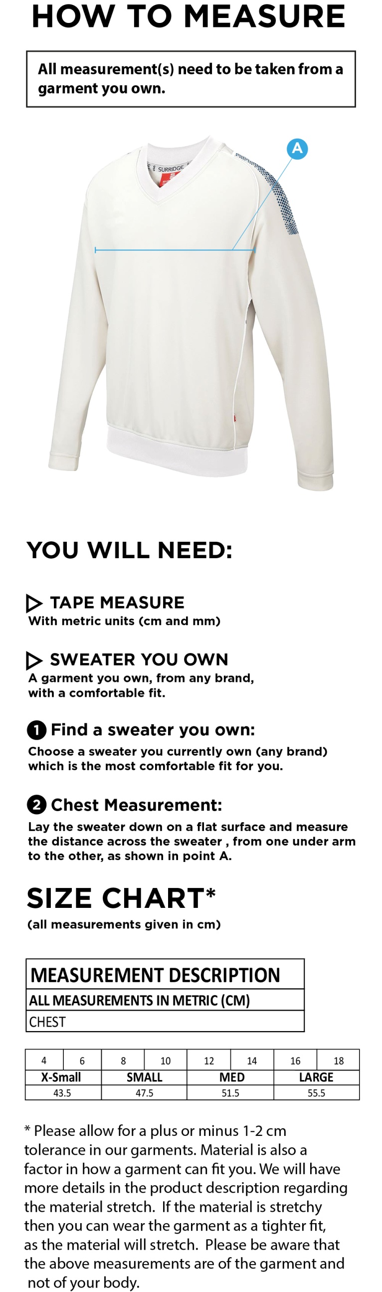 Barnton CC Blast Long Sleeve Women Cricket Sweater - Size Guide