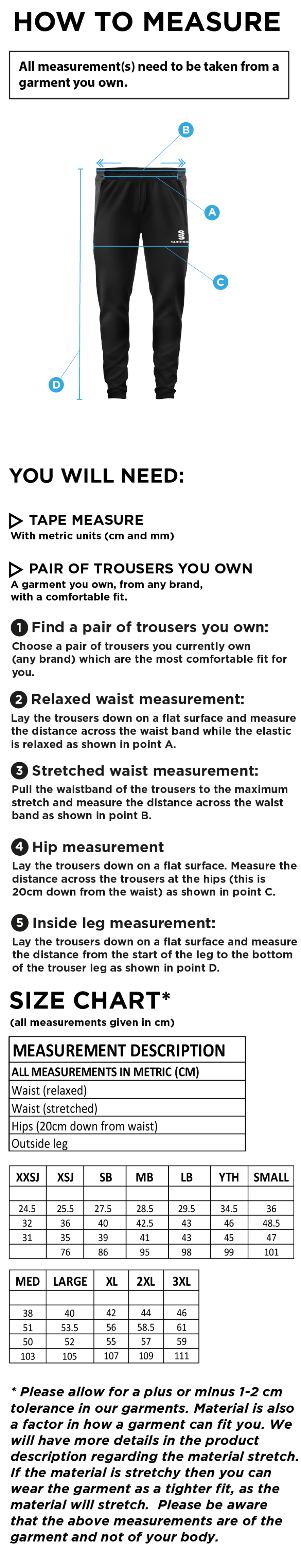 Barnton CC Tek Pants - Size Guide