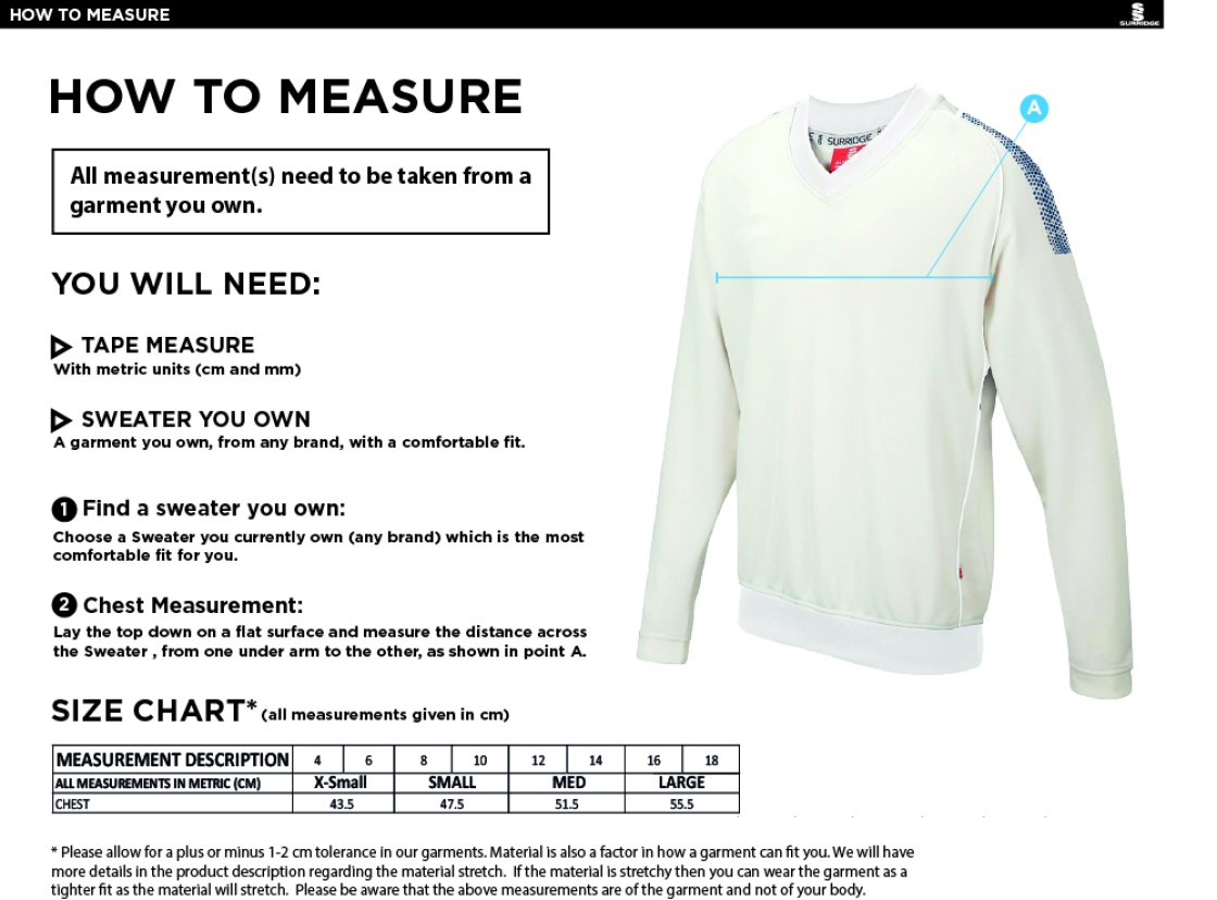 Barnton CC Blast Long Sleeve Women Cricket Sweater - Size Guide