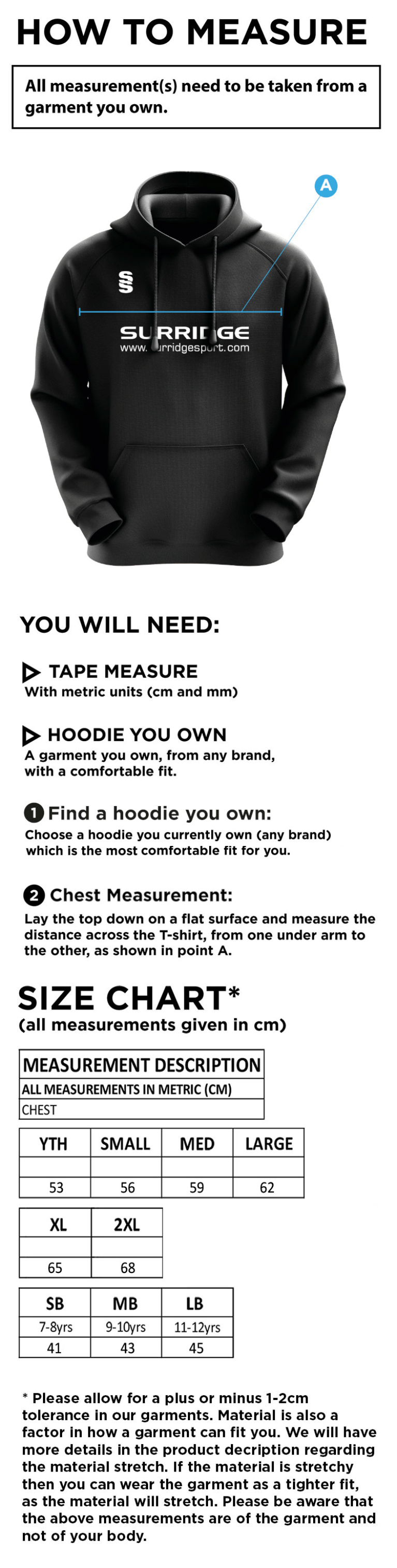 Barnton CC Blade Hoody - Size Guide