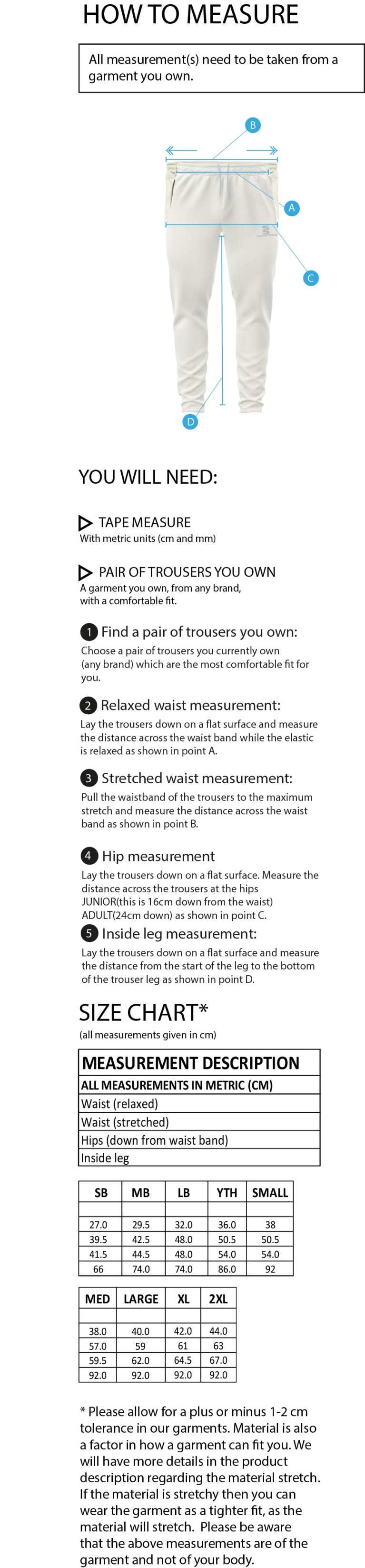 Barnton CC White Playing Pants - Size Guide